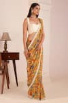 Buy_AFFROZ_Yellow Viscose Crepe Print Ikkat Blossom Sweetheart Motif Saree With Blouse _Online_at_Aza_Fashions