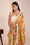 AFFROZ_Yellow Viscose Crepe Print Ikkat Blossom Sweetheart Motif Saree With Blouse _at_Aza_Fashions