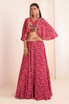 Buy_AFFROZ_Pink Viscose Crepe Print Ikkat Plumeria V Neck Lehenga Blouse Set _at_Aza_Fashions