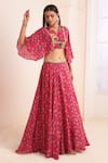 AFFROZ_Pink Viscose Crepe Print Ikkat Plumeria V Neck Lehenga Blouse Set _Online_at_Aza_Fashions