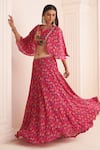 Shop_AFFROZ_Pink Viscose Crepe Print Ikkat Plumeria V Neck Lehenga Blouse Set _Online_at_Aza_Fashions