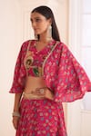 AFFROZ_Pink Viscose Crepe Print Ikkat Plumeria V Neck Lehenga Blouse Set _at_Aza_Fashions