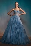 Buy_Anjali Kanwar_Blue Pure Silk Organza Embroidered Stardust Sweetheart Neck Sheer Ruffle Gown _at_Aza_Fashions