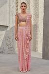 Buy_Kaaisha by Shalini_Pink Embroidered Zardozi Work V Neck Pre-draped Saree With Blouse _at_Aza_Fashions