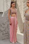 Kaaisha by Shalini_Pink Embroidered Zardozi Work V Neck Pre-draped Saree With Blouse _Online_at_Aza_Fashions