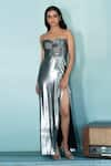 Buy_Shivani Awasty_Silver Lame Bandeau Ruched Metallic Gown  _at_Aza_Fashions