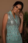 Samatvam by Anjali Bhaskar_Blue Crepe V Neck Embroidered Jacket And Palazzo Set _Online_at_Aza_Fashions
