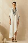 Buy_Sureena Chowdhri_White Silk Muslin Embroidered Mirror Work Mandarin Collar Asymmetric Kaftan_at_Aza_Fashions