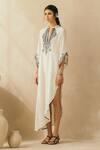 Shop_Sureena Chowdhri_White Silk Muslin Embroidered Mirror Work Mandarin Collar Asymmetric Kaftan_at_Aza_Fashions