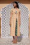 Buy_Aapro_Beige Modal Print Bandhej And Leheriya Collared Neck Oman Trench Coat & Dress Set _at_Aza_Fashions