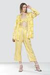 Buy_July Issue_Yellow Satin Floral, Striped Sweetheart Neck Marigold Jacket Pant Set_at_Aza_Fashions
