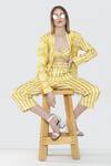 July Issue_Yellow Satin Floral, Striped Sweetheart Neck Marigold Jacket Pant Set_Online_at_Aza_Fashions