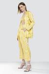 Buy_July Issue_Yellow Satin Floral, Striped Sweetheart Neck Marigold Jacket Pant Set_Online_at_Aza_Fashions