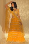 Irrau by Samir Mantri_Yellow Net Embroidered Thread Work V Neck Stripe Lehenga Set _Online