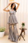 Shop_Silky Bindra_Grey Crepe, Shantoon, Tulle Net Round Embroidered Peplum Kurta And Sharara Set _at_Aza_Fashions