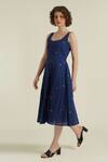 Indigo Dreams_Blue Cotton Round Neck Royale Xxiv Jamdani Woven Dress_Online_at_Aza_Fashions