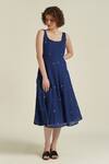 Buy_Indigo Dreams_Blue Cotton Round Neck Royale Xxiv Jamdani Woven Dress_Online_at_Aza_Fashions