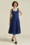Indigo Dreams_Blue Cotton Round Neck Royale Xxiv Jamdani Woven Dress_at_Aza_Fashions