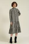 Buy_Indigo Dreams_Ivory 100% Cotton Handwoven Checkered Royale Xxxv Tiered Dress _at_Aza_Fashions