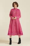 Buy_Indigo Dreams_Pink 100% Cotton Handwoven Jamdani High Neck Royale Vi Striped Dress _at_Aza_Fashions