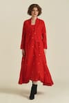 Indigo Dreams_Red 100% Cotton Handwoven Jamdani Dress U Royale Ix With Jacket  _Online_at_Aza_Fashions