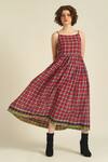 Indigo Dreams_Red 100% Cotton Woven Checks Square Royale Xv Dress _at_Aza_Fashions