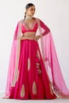 Buy_Devnaagri_Fuchsia Gajji Silk Embroidered Sequins Plunge V Neck Floral Lehenga Set _at_Aza_Fashions