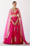 Shop_Devnaagri_Fuchsia Gajji Silk Embroidered Sequins Plunge V Neck Floral Lehenga Set _at_Aza_Fashions