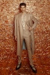 Buy_Nirmooha_Beige Suiting Notch Collar Trench Coat With Belt _at_Aza_Fashions