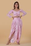 Pasha India_Pink Linen Floral Sweetheart Neck Crop Top And Dhoti Pant Set_Online_at_Aza_Fashions