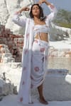 Shop_Pasha India_White Linen Floral One Shoulder Pre-draped Lungi Saree With Blouse_Online_at_Aza_Fashions