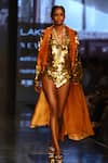 Buy_Nirmooha_Gold Foil Lycra Embroidered Sequins V Neck Leotard With Trench Coat _at_Aza_Fashions