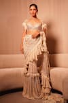 Buy_EEKSHA_Ivory Amore Crystal Embellished Pre-draped Ruffle Saree With Blouse _at_Aza_Fashions