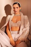 Shop_EEKSHA_Beige Pant Satin Embroidery Feather Jacket Shawl Ira Zardozi Set  _Online_at_Aza_Fashions