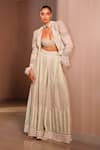 Buy_EEKSHA_Green Tulle Embroidery Feather Jacket Bella Pearl Power Palazzo Set  _at_Aza_Fashions