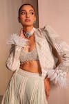 EEKSHA_Green Tulle Embroidery Feather Jacket Bella Pearl Power Palazzo Set  _Online_at_Aza_Fashions