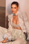 Shop_EEKSHA_Green Tulle Embroidery Feather Jacket Bella Pearl Power Palazzo Set  _Online_at_Aza_Fashions