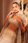 EEKSHA_Beige Net Embroidery Feather Cape High Resa Pearl Flared Pant Set _Online_at_Aza_Fashions