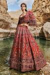 Eeksha_Red Silk, Tulle Pearls, Elara French Floral Embroidered Lehenga Power Jacket Set _Online_at_Aza_Fashions