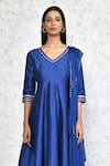 Shop_Samyukta Singhania_Blue Anarkali And Pant Viscose Solid Gota V-neck Set With Floral Pattern Dupatta_Online_at_Aza_Fashions