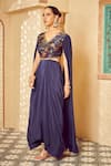 Megha Pitti_Blue Bemberg Silk Floral Printed V Neck Draped Saree Gown _Online_at_Aza_Fashions