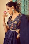 Shop_Megha Pitti_Blue Bemberg Silk Floral Printed V Neck Draped Saree Gown _Online_at_Aza_Fashions