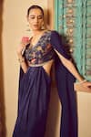 Megha Pitti_Blue Bemberg Silk Floral Printed V Neck Draped Saree Gown _at_Aza_Fashions