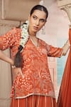 Megha Pitti_Orange Bemberg Crepe Forest Printed V Neck Kurta Sharara Set _Online_at_Aza_Fashions