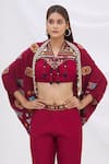 Surily G_Maroon Crepe Embroidered Cape Jacket  _at_Aza_Fashions