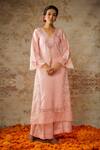 Shop_The Aarya_Peach Viscose, Chanderi Embroidery V-neck Floral Kurta Palazzo Set _Online_at_Aza_Fashions