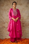 Buy_The Aarya_Pink Pure Handwoven Chanderi Glass Bead Embroidery Resham Anarkali Palazzo Set _at_Aza_Fashions