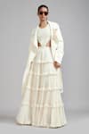 Shop_MATI_Off White 100% Cotton Plain Round Fringed Lehenga Set With Trench Jacket _at_Aza_Fashions