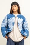 Doodlage_Blue Upcycled Cotton Print Floral Round Collar Batik Bomber Jacket _Online_at_Aza_Fashions