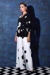 Swatee Singh_Black Heavy Crepe Polka Dot V Neck Wrapover Top And Flared Pant Set _Online_at_Aza_Fashions